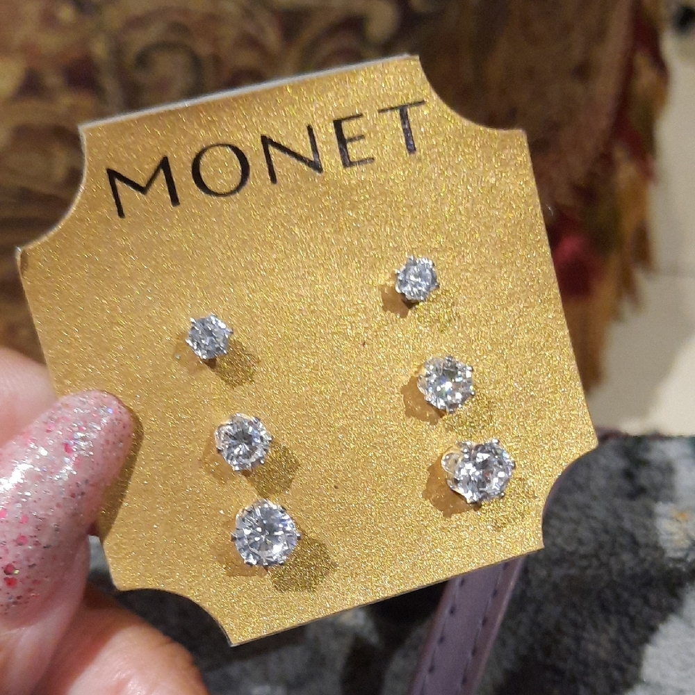 Authentic MONET 3 Pairs CZ Stud Earrings NWT